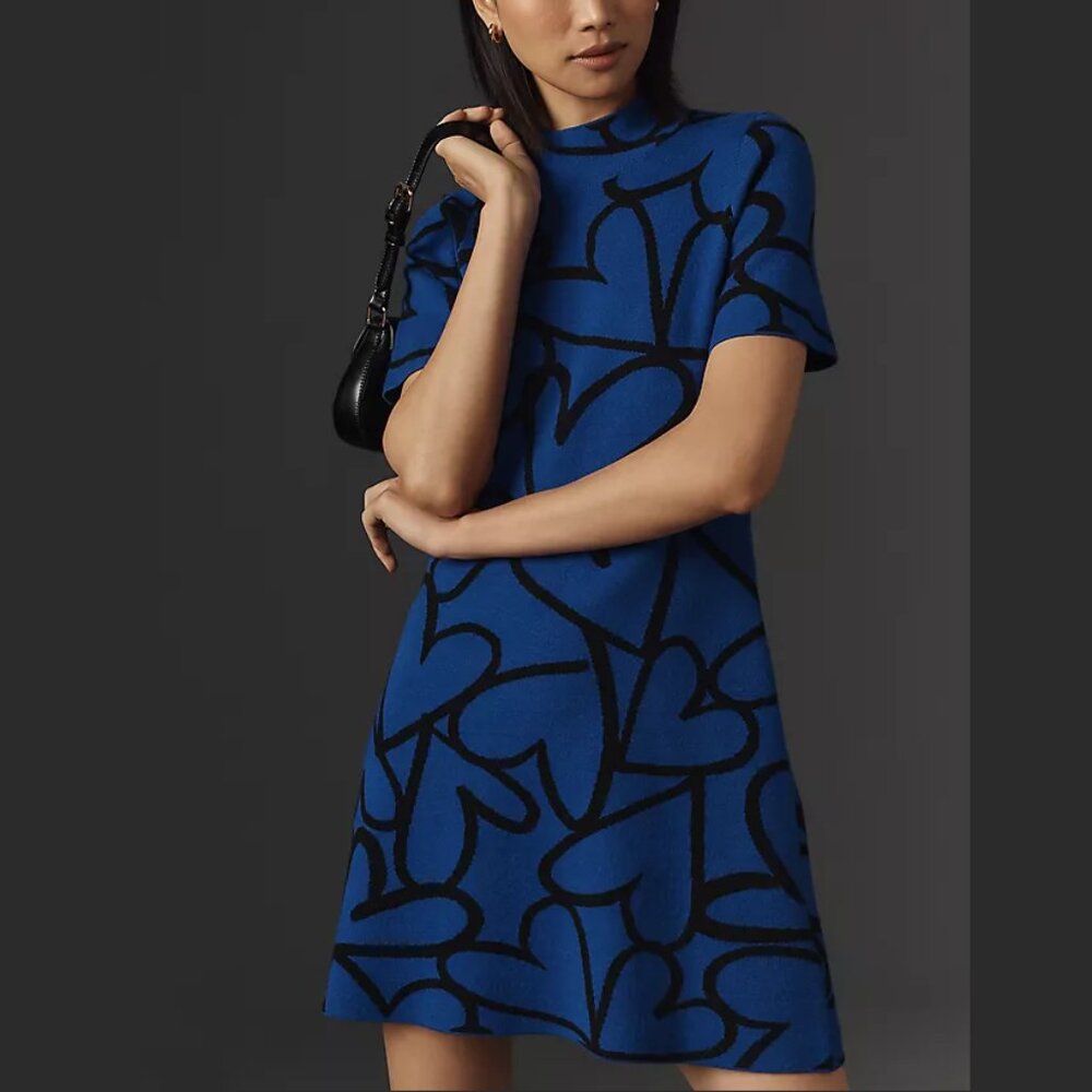 Anthropologie The Nina Short-Sleeve Mock-Neck Mod Mini Dress Blue Heart Motif XS